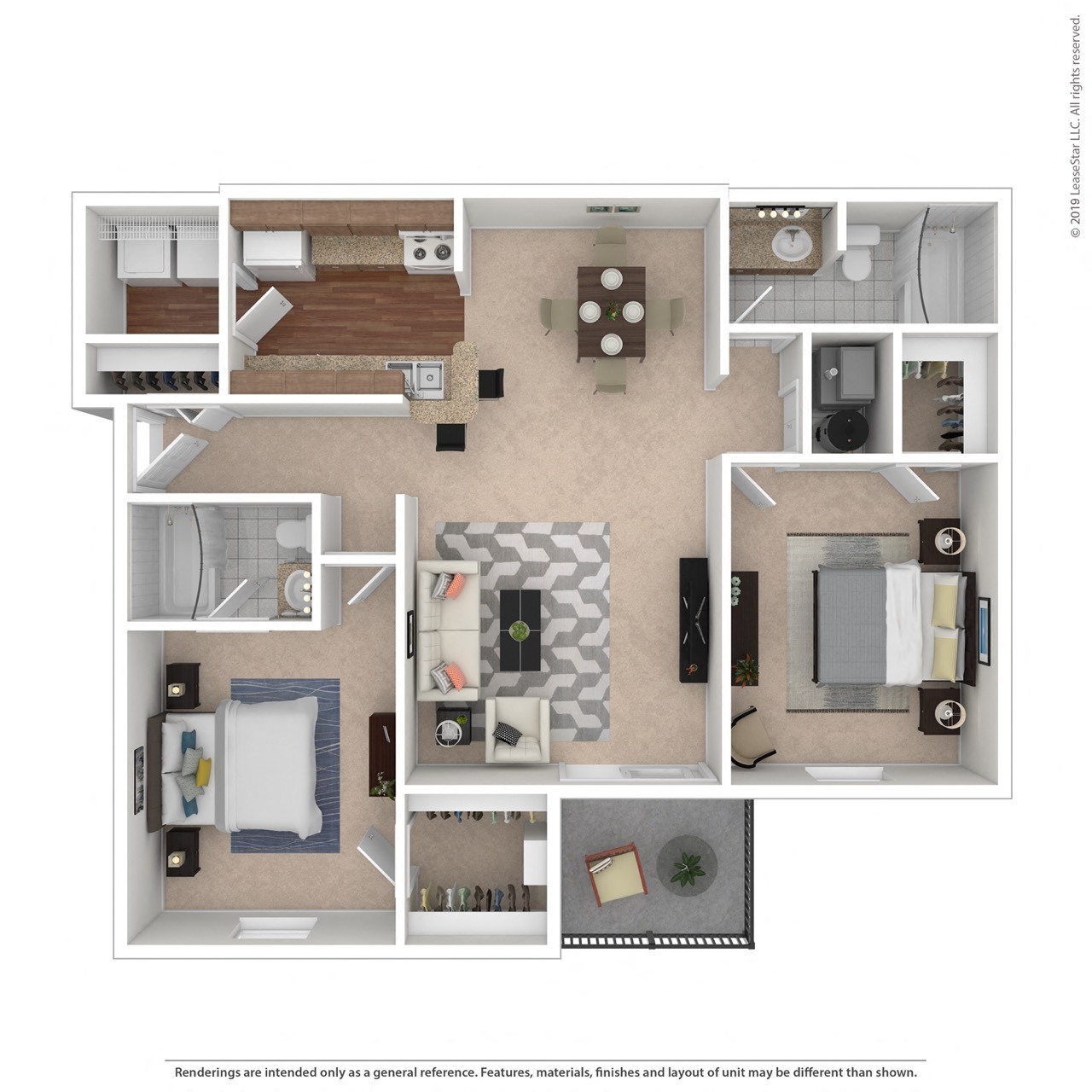 Floor plan for 2 beds, 2 baths, 1000 sqft